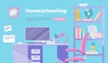 Homeschooling vector illustration inflat cartoon style. Education online and home office conceptual poster, banner, landing. Workp